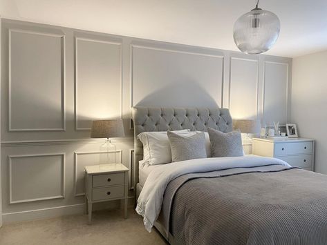 Bedroom Full Wall Panelling, Attic Bedroom Wall Panelling, Panels On Walls Bedrooms, Bedroom Panneling With Picture Rail, Bedroom Panelling Beige, Bedroom Panelling Wall With Windows, Master Bedrooms Paneling, Grey Bedroom With Panelling, Full Panelled Walls Bedroom