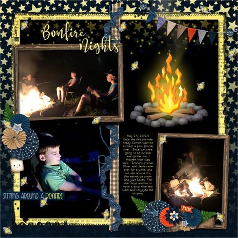 052320_Bonfire_700 Friday Night Lights Scrapbook Page, Bonfire Quilt Pattern, Smores Scrapbook Layout, Bonfire Of The Vanities, Bonfire Scrapbook Layouts, Eating Ice Cream, Juice Boxes, Bonfire Night, Digital Scrapbook