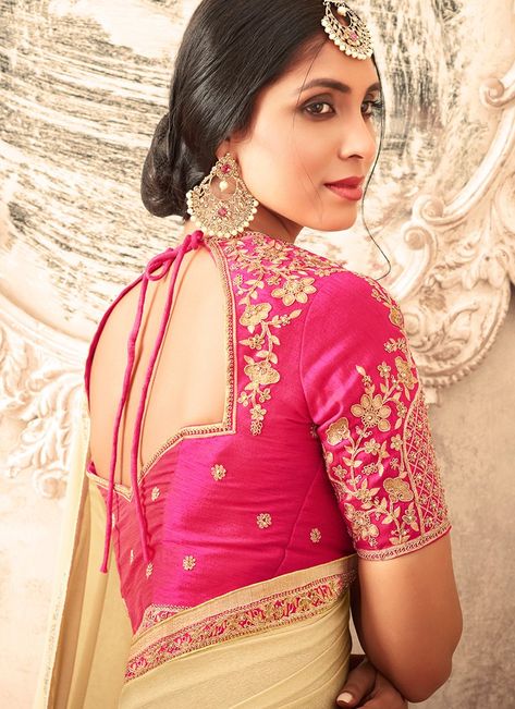 Cream and Pink Embroidered Silk Saree features a beautiful silk saree. Embroidery work is completed with zari, thread, and stone. Mf Hussain, Boat Neck Blouse Design, New Saree Blouse Designs, Latest Model Blouse Designs, Hot Blouse, Saree Embroidery, Cutwork Blouse Designs, Blouse Back Neck Designs, Blouse Design Images