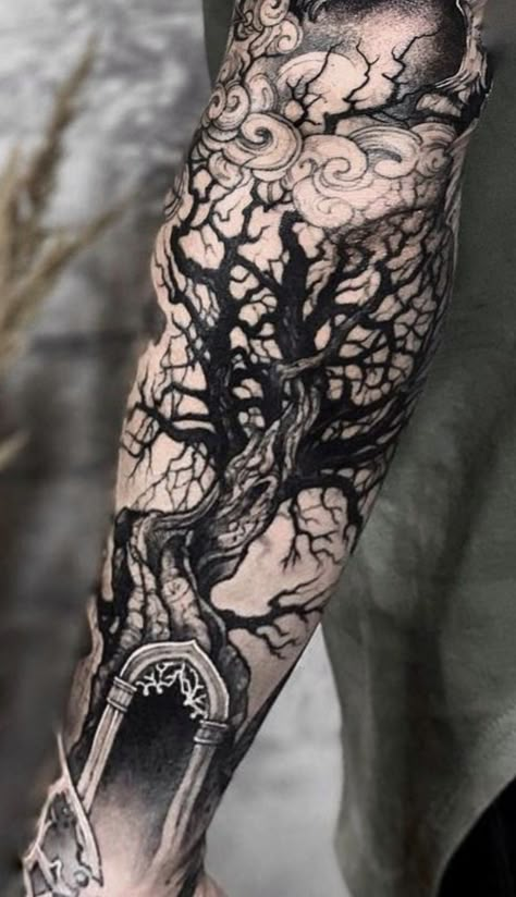 Immer Bicep Tattoo, Dark Souls Tattoo Sleeve, Tattoos For Metalheads, Dark Fantasy Tattoo Sleeve, Medieval Tattoo Sleeve, Fantasy Sleeve Tattoo, Fantasy Tattoo Sleeve, Dark Nature Tattoo, Forest Forearm Tattoo