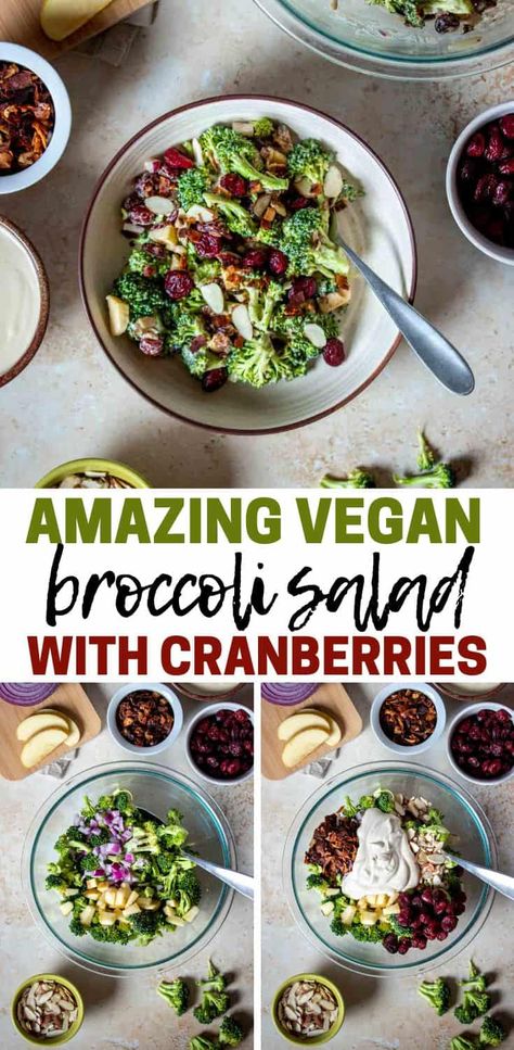 This vegan broccoli salad is out of this world amazing! It's fresh, creamy, and has that perfect touch of sweet from the cranberries. A perfect fall festive side dish! #ad #vegansidedish #veganholidayrecipes Vegan Thanksgiving Salad Recipes, Vegan Thanksgiving Salad, Broccoli Cranberry Salad, Raw Vegan Salad, Vegan Broccoli Salad, Broccoli Salad With Cranberries, Crunchy Broccoli, Salad With Cranberries, Thanksgiving Salad Recipes