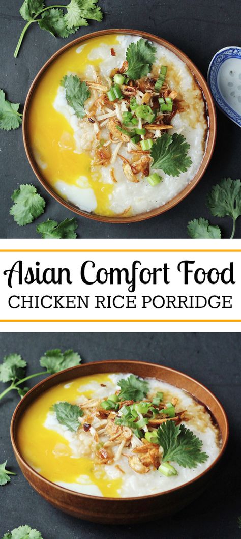 Asian Porridge, Chicken And Rice Porridge, Ginger Chicken Congee, Porridge Recipes Chinese, Chicken Porridge Chinese, Chicken Rice Porridge, Coriander Chicken, Chicken Porridge, Congee Recipe