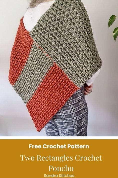 free crochet pattern for a super chunky poncho in two colors made with two rectangles Chunky Poncho Crochet Pattern, Crocheted Ponchos Patterns Free, Free Poncho Crochet Pattern, Crochet Ponchos Free Patterns, Crochet Poncho Free Pattern Woman Easy, Free Crochet Poncho Patterns Woman, Chunky Crochet Poncho, Poncho Crochet Pattern Free, Crochet Wrap Pattern Free