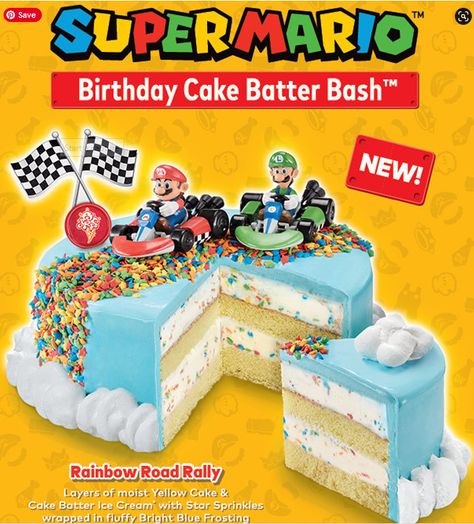 Cold Stone Creamery is teaming up with Nintendo for the release of new ice cream cake in celebration of the Super Mario Bros. 35th anniversary. Meanwhile the Rainbow Road Rally Ice Cream Cake is made with layers of moist yellow cake and Cake Batter Ice Cream with star sprinkles wrapped in fluffy bright blue frosting. Super Mario Ice Cream Cake, Mario Ice Cream Cake, Rainbow Road Cake, Cold Stone Ice Cream, Cake Batter Ice Cream, Moist Yellow Cakes, Cold Stone Creamery, Blue Frosting, Cold Stone