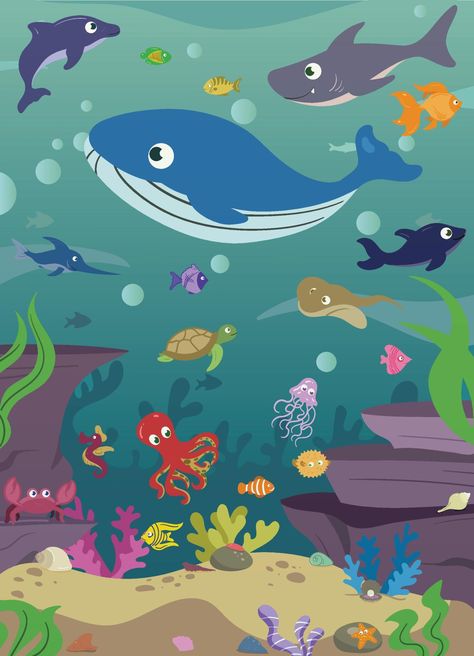 Underwater Aquatic Scene with Cute Adorable Fishes Water Corals Plants Rocks Sand. Ocean Background Scene. Underwater Elements Set. Kids Book Fishes Illustration Hand Drawn. Fishes undersea. Aquarium. Cartoon Underwater Scene, Undersea Illustration, Draw Underwater, Aquarium Illustration, Fishes Illustration, Underwater Cartoon, Underwater Background, Ocean Background, Drawn Fish