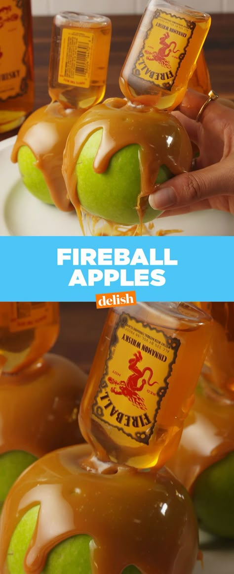 Fireball Apples, Fireball Recipes, Alcoholic Treats, Halloween Drinks Alcohol, Thanksgiving Drinks, Boozy Desserts, Drink Drank Drunk, Fall Apples, Halloween Drinks