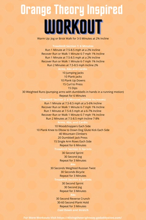 Orange Theory Style Workout Orange Theory Workout At Home, Orange Theory Fitness Workout, Orange Therapy Workout, Orange Theory Treadmill Workout, Camping Workouts, Otf Workouts, Orangetheory Workout, Fitness Chart, Quick Full Body Workout