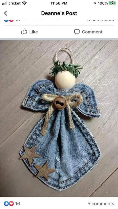 Angels Made From Jean Pockets, Angels Ornaments Christmas, Jean Pocket Angels Diy, Denim Angel Ornament, Jean Pocket Angels, Jeans Crafts, Christmas Angel Crafts, Pocket Craft, Easy Christmas Ornaments