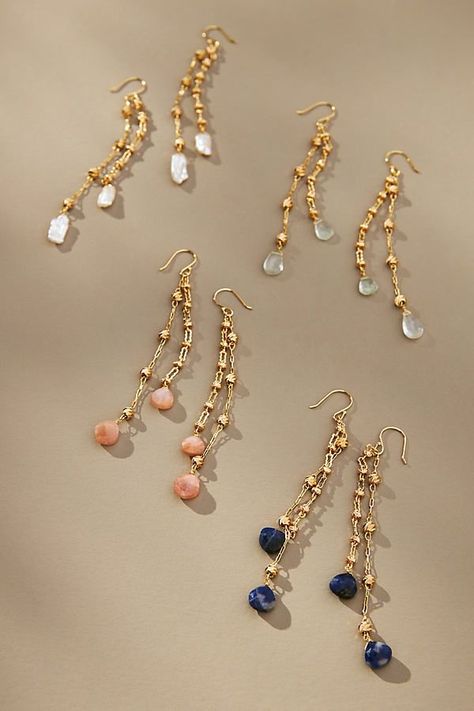 14k gold-plated brass, gemstone Ear wire styling Imported | Pearl Tassel Drop Earrings by Anthropologie in Blue, Women's, Gold/Plated Brass Teardrop Bead Jewelry, Gold Wire Earrings, Making Earrings Diy Handmade Jewelry, Elegant Beaded Jewelry, Unique Beaded Earrings, Pearl Jewelry Ideas, Diy Anthropologie Jewelry, Anthropology Earrings, Earring Photography Ideas