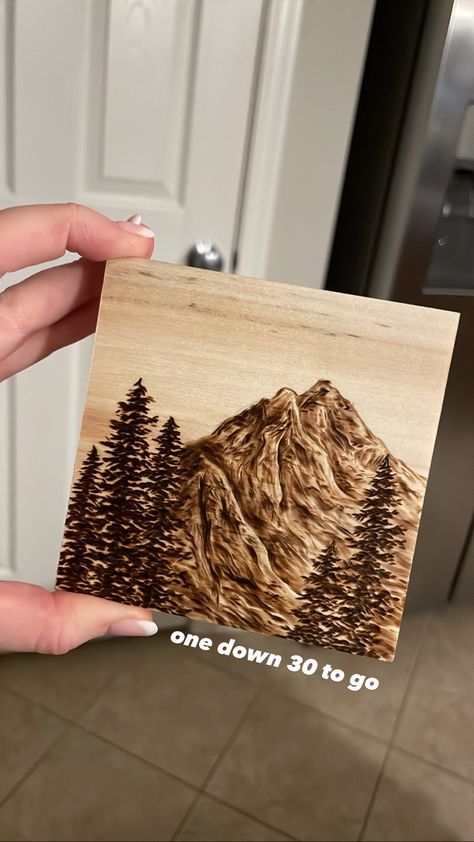 Burning Mountain, Carpentry Projects, Wood Burning Art, Mountain Scene, Pyrography, Cabin Decor, Wood Burning, Carpentry, Wood Projects