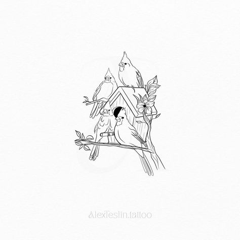 Birdhouse Tattoo Ideas, Bird House Tattoo, Birdhouse Drawing, Birdhouse Tattoo, Individual Tattoo, Squirrel Tattoo, Cardinal Tattoo, Cardinal Tattoos, Minimalistic Tattoo