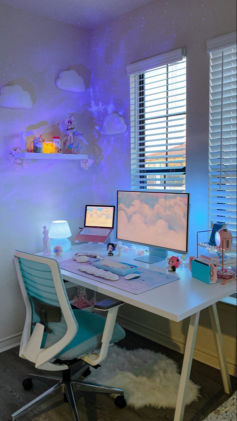 Blue Desk Setup Aesthetic, Blue Office Aesthetic, Office Inspo Aesthetic, Gaming Setup Light Blue, Blue Desk Setup, Blue Desk Aesthetic, Blue Desk Decor, Blue Set Up Gaming, Sky Blue Gaming Setup