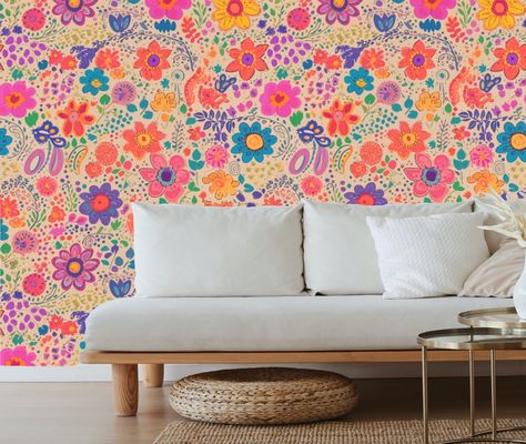 Boho Print Wallpaper, Bright Floral Wallpaper, Van Mural, Peel And Stick Wallpaper Floral, Maximalist Wallpaper, Floral Peel And Stick Wallpaper, Bright Boho, Bright Wallpaper, Wallpaper Floral