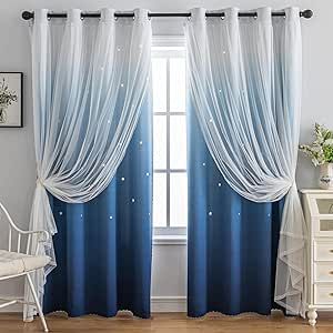 Sky Blue Curtains Bedroom, Curtains For Kids Bedroom, Cute Curtains Bedroom Aesthetic, 2 Layer Curtains, Dark Blue Room Decor, Teal Room Ideas, Turquoise Room Decor, Sky Room Decor, Curtain Ideas For Bedroom