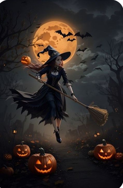 Happy Halloween Gif, Spooky Halloween Pictures, Happy Halloween Pictures, Witch Flying, Witch Pictures, Mascaras Halloween, Halloween Wallpaper Cute, Fantasy Witch, Halloween Facts