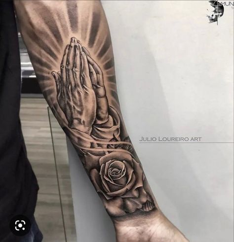 Hand With Rose Tattoo, Dodge Tattoo, Hand With Rose, Rip Tattoos For Dad, Cholo Tattoo, Praying Hands Tattoo Design, Photographer Tattoo, Prayer Hand, Underarm Tattoo