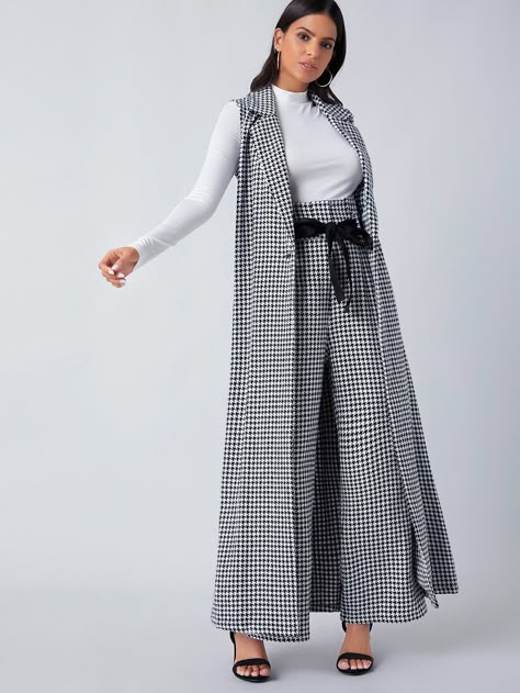 Maxi Vest, Houndstooth Coat, Woman Suit Fashion, Belted Pants, Vest Coat, Pink Prom Dresses, Fashion Attire, Prom Dresses With Sleeves, Prom Dresses Long With Sleeves