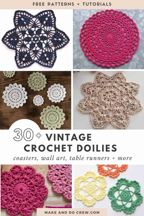 Get the crochet doilies you’ve always wanted with these free crochet patterns! Make and Do Crew collected patterns that are perfect for adding a touch of vintage style to your home decor. Easy crochet doilies are great for creating beautiful table runners, coasters, and appliques. We have free crochet doily patterns for beginners, as well as crochet doily diagram charts. Visit our blog to get these free crochet patterns now and start making your own crochet lace designs! Crochet Mini Doily Patterns, Free Easy Crochet Doily Patterns For Beginners, Vintage Doily Patterns Free, Crochet Lace Doily Patterns, Crochet Mini Doily, Crochet Cotton Doily Free Pattern, Crochet Doily Diagram Charts Table Runners, Mini Crochet Doily Pattern Free, Crochet Doilies Free Pattern Easy Round