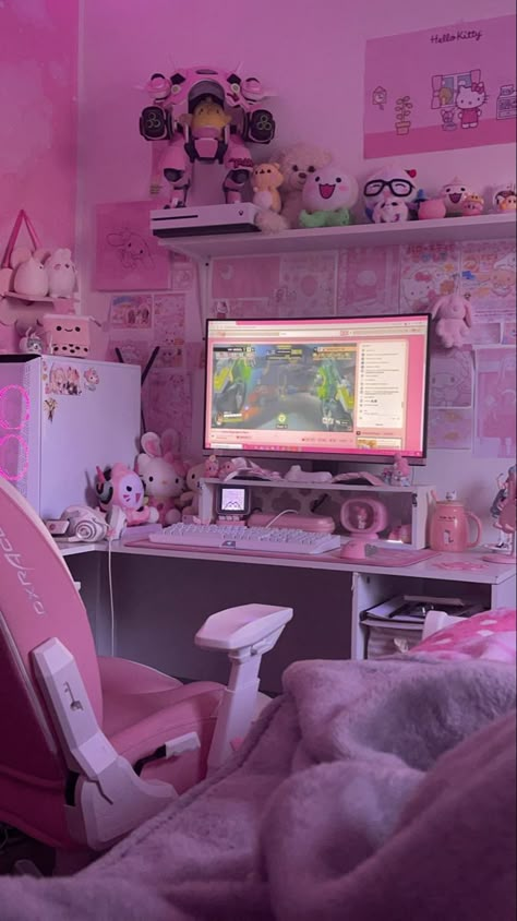 Cute Pink Pc Setup, Pink Hyper Feminine Room, Kawaii Tv Setup, Small Room Gaming Setup With Bed, Cutecore Desk Setup, Cutecore Gaming Setup, Pink Set Up, Hello Kitty Gaming Setup, Sanrio Gaming Setup