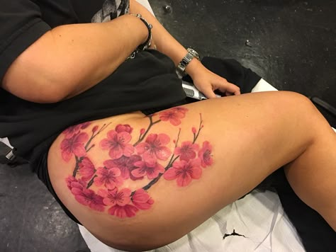 Cherry Blossom tattoo upper thigh. Elephant And Cherry Blossom Tattoo, Full Body Cherry Blossom Tattoo, Japanese Cherry Blossom Leg Tattoo, Cherry Blossom Tattoo On Black Women, Cherry Blossom Tattoo Brown Skin, Cherry Blossom Tattoo Thigh Piece, Cheery Blossoms Tattoo Back, Big Cherry Blossom Tattoo, Roses And Cherry Blossoms Tattoo