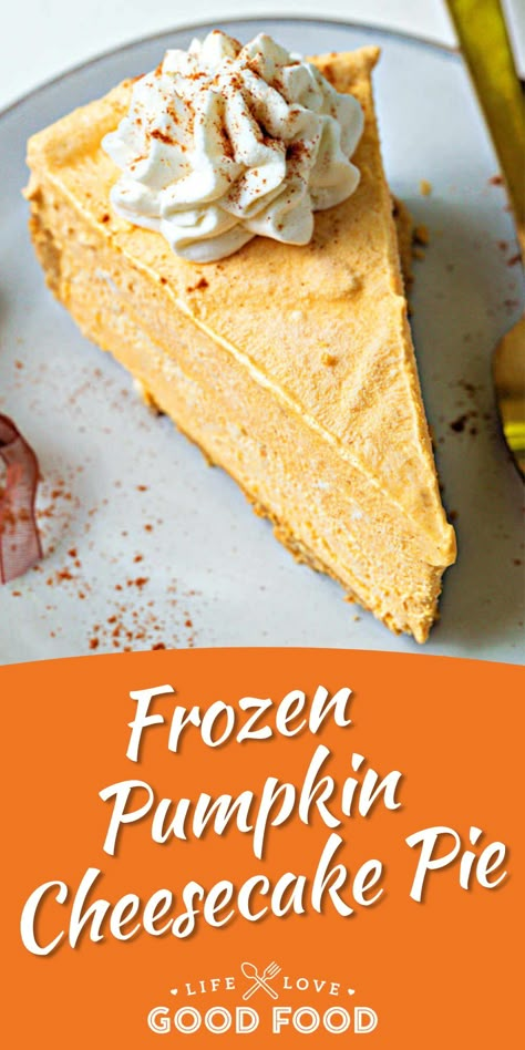 No baking is required with this Frozen Pumpkin Cheesecake Pie! The buttery homemade graham cracker crust has a hint of cinnamon, and the pumpkin cheesecake filling is creamy and delicious — just perfect for the fall and holiday season! Pumpkin Pie Cheesecake Recipe No Bake, Pumpkin Pie With Frozen Crust, Easy Pumpkin Pie Cheesecake No Bake, Frozen Pumpkin Dessert, Pumpkin Pie Graham Cracker Crust Cheesecake Recipes, Party Cookies Recipe, Pumpkin Cheesecake Pie, Pumpkin Cheesecake Filling, Frozen Pumpkin Pie