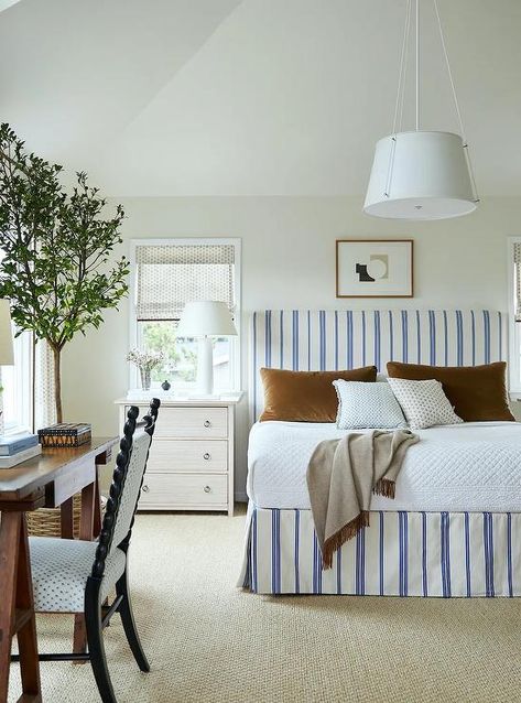 Bedroom Window Dressing, Sarah Bartholomew, Striped Bed, Blue Headboard, Bungalow Bedroom, Bedroom Nook, Striped Bedding, White Headboard, Cottage Bedroom