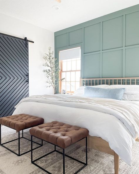 Do you make your bed everyday? We definitely don’t. In fact I think the only time our bed is made is 1. Because I’m taking a photo for the gram or 2. We’re having company over. Which really doesn’t even make sense because it’s not like we hang out in our bedroom… #behrpaint #villagegreen #satinblack #cameowhite #accentwall #boardandbatten #greenaccentwall #bedroom #bedroomdesign #diy #mystyle #modern #transitional #ourarticle #leniabed #barndoor #targetfinds #wellwoven Oak King, Mid Century Modern Bed, Modern Beds, Article Furniture, Contemporary Bedroom Furniture, Contemporary Mid Century, Contemporary Mid Century Modern, Modern Transitional, Diy Home Furniture