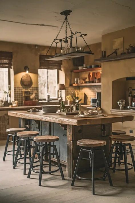 Rustic kitchen with wooden island, bar stools, and warm lighting. Farmhouse Stools For Kitchen Island, Vintage Kitchen Stools, Country Kitchen Bar Stools, Rustic Kitchen Island With Seating, Wooden Stool Designs, Wood Combinations, Farmhouse Bar Stools, Farmhouse Stools, Painted Stools