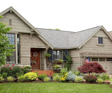 Landscape for Curb Appeal... The landscape on this reminds me of my Mom and Dad's front yard.  love it. Carriage Style Garage Doors, Landscape Ideas Front Yard Curb Appeal, Curb Appeal Landscape, Front Yards Curb Appeal, Small Front Yard Landscaping, Ranch Exterior, Small Front Yard, Front Landscaping, Ranch Style Homes