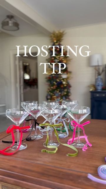 Elizabeth Edelen on Instagram: "Comment “BOW” to grab this stunning velvet multicolored ribbon set to easily identify glasses during a party! Such an easy hosting tip for the holiday season 🎀 Hosting tip Christmas party tip Christmas hosting tip Party hosting tip Holiday hosting tip Velvet ribbon Wine charms Follow my shop @EverydayDecorPlusMore on the @shop.LTK app to shop this post and get my exclusive app-only content! #liketkit #LTKHoliday #LTKparties #LTKstyletip @shop.ltk https://liketk.it/4raMm" Ribbon On Glasses, Girly Holiday Party, Ribbon On Wine Glasses, Bow Christmas Party, Bows On Wine Glasses, Wine Glass With Bow, Hosting Christmas Party Decor, Wine Glasses With Bows, Girls Christmas Dinner Party