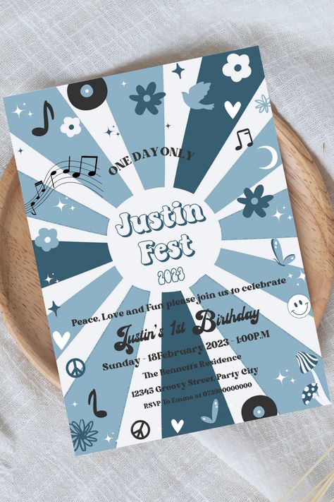 Music Festival Birthday Party, 70s Birthday Party, Music Festival Birthday, 70s Birthday, Festival Birthday Party, Blue Birthday Party, Invitation Flower, Retro Invitation, Disco Birthday Party