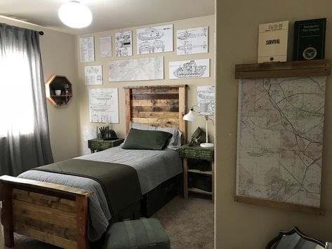 Military bedroom Army Themed Bedroom, Boys Military Bedroom, Military Themed Bedroom, Military Room Ideas, Military Bedroom Ideas, Boys Army Bedroom, Forrest Bedroom, Military Bedroom, Green Boys Room