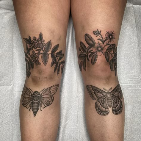 Ash Timlin on Instagram: “Kyanah! Thanks for toughing out both botanical pieces today. Mountain Ash (Dogberry) and strawberries to accompany her healed insects.…” Inner Knee Tattoos Women, Over Knee Tattoo, Tattoo Ideas Geometric, Over The Knee Tattoo, Knee Tattoo Ideas, The Knee Tattoo, Knee Tattoos, Shin Tattoo, Insect Tattoo