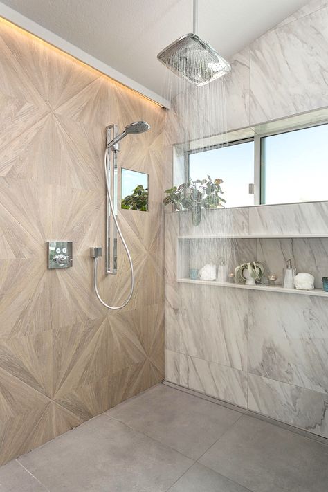 Open shower - Contemporary - Bathroom - San Diego - by UNIQ Kitchen and Bath Designs | Houzz Rainhead Shower, Master Bath And Closet, Silver Bathroom, Open Showers, Gold Shower, Flat Panel Cabinets, Powder Room Design, Master Bath Remodel, Kitchen And Bath Design