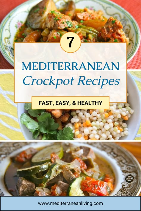 Do you have a Crockpot or slow cooker? These 7 Mediterranean Crockpot recipes are great for busy people who want a delicious homemade meal after a long day! If you spend a little time the night before prepping the ingredients, you’ll be ready to throw a meal together quickly that will stew all day while you’re at work. There’s nothing better than coming home to a house that smells of a homecooked meal. #CrockpotRecipes #SlowCookerMeals #MediterraneanDiet #ComfortFood #MediterraneanCooking Mediterranean Stew Crock Pot, Mediteranian Crockpot Recipes, Crockpot Healthy Meal Prep, Mediterranean Diet Crockpot Meals, Slow Cooker Mediterranean Diet Recipes, Mediterranean Diet Chili, Mediterranean Diet Crock Pot Recipes, Mediterranean Winter Recipes, Crock Pot Mediterranean Recipes