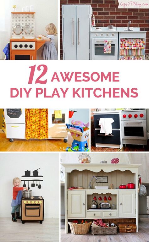 Make your own play kitchen for the kids with these fun and creative DIY ideas! Diy Play Kitchen Ideas, Girls Play Kitchen, Play Kitchen Diy, Play Kitchen Ideas, Diy Kids Kitchen, Kids Play Kitchen, Play Kitchens, Woodworking Toys, Party Place