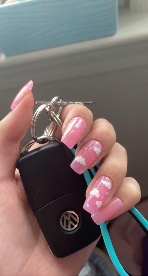 Soft Acrylic Nails Aesthetic, Pink Nails Polygel, Polygel Nails Pink, Volkswagen Beetle Keys, Volkswagen Nails Art, Aesthetic Medium Nails, Pink Jelly Nails Designs, Pink Nails With Clouds, Nails Polygel Design