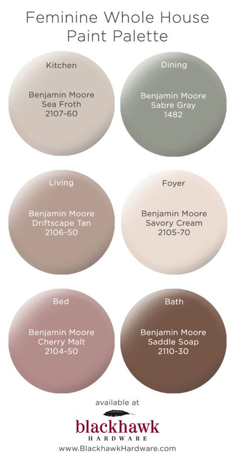 Feminine whole house Benjamin Moore paint pallette Moore Kitchen, Interior Boho, Farmhouse Paint Colors, Farmhouse Paint, Paint Color Schemes, Benjamin Moore Paint, House Color Schemes, Room Paint Colors, Bedroom Color Schemes