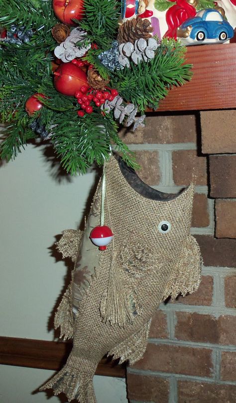 Burlap Christmas Stocking Fish. Fishing Crafts, Christmas Fish, Camo Christmas, Fish Christmas, Christmas Stocking Decorations, Burlap Christmas Stockings, Christmas Burlap, White Christmas Stockings, Eclectic Gifts