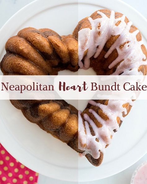 Three delicious flavors make up this Neapolitan Bundt Cake- a vanilla and chocolate swirled cake with a strawberry cream glaze. Create this delicious recipe for Valentine's Day or make for any occasion in your favorite 10 cup Bundt design. Nordicware Recipes, Baking Pan Recipes, Nordic Baking, Drip Icing, Mini Bundt Cakes Recipes, Chocolate And Strawberry, Cake With Strawberry, Mini Bundt, Swirl Cake