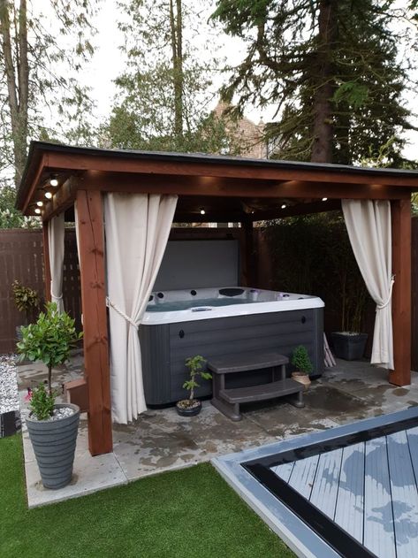 Outdoor Gazebos Hot Tub, Hot Tub Tv Ideas Backyard, Hot Tub Gazebo Ideas Privacy Screens, Hot Tub Pathway, Patio Canopy Ideas Gazebo, Hot Tub Curtains, Hot Tub And Bar Ideas, Hot Tub Concrete Patio, Outdoor Hot Tub Landscaping