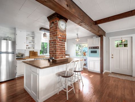 Brick Pillar In Kitchen, Kitchen With Exposed Brick Chimney, Brick Pillar Kitchen, Kitchen Island With Chimney, Kitchen With Brick Chimney, Exposed Brick Chimney In Kitchen, Exposed Chimney In Kitchen, Brick Island Kitchen, Column In Kitchen