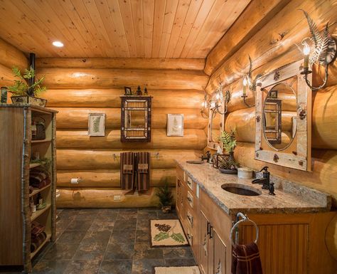 Log Home Bathroom Log Cabin Bathroom Ideas, Log Home Bathrooms, Log Home Bathroom, Log Cabin Bathroom, Log Home Kitchens, How To Build A Log Cabin, Log Cabin Living, Log Cabin Interior, Log Home Interiors