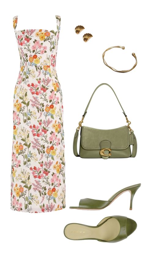 #outfit #green #gold #flowers Fancy Going Out Outfits, Italian Vacation Outfit, Going Out Outfits Summer, Spring Summer Capsule Wardrobe, Out Outfits, Italian Vacation, Korean Fashion Dress, Vacation Outfit, Going Out Outfits