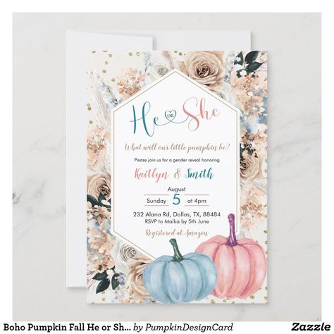 Boho Pumpkin Fall He or She Gender Reveal Invitati Invitation Fall Theme Gender Reveal, Gender Ideas, He Or She Gender Reveal, Boho Pumpkin, Baby Shower Food Ideas, Shower Food Ideas, Shower Games Baby, Unique Baby Shower Gifts, Shower Diy