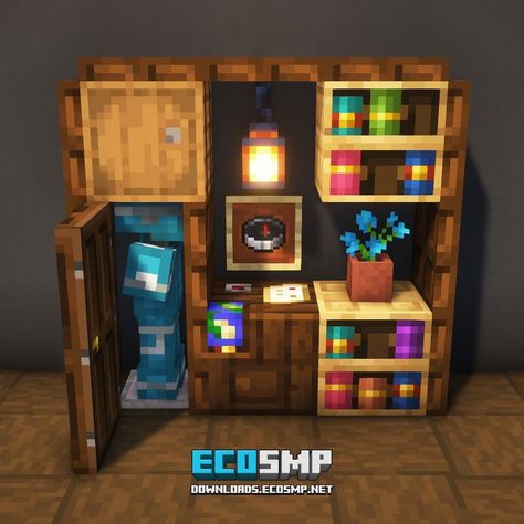 Cartography Minecraft House, Minecraft Furniture Store, Bookshelf Minecraft Ideas, Bookshelf Design Minecraft, Closet Minecraft Ideas, Midevil Minecraft Interior, Minecraft Wizard Tower Interior, Minecraft Closet Design, Cabinet Minecraft