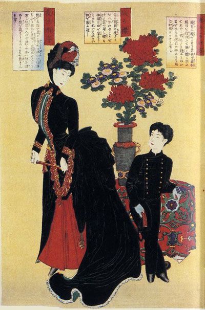 Japanese fashion prints (circa 1888), depicting the empress of Japan in western clothing. The artist is Yoshitoshi, who is considered the last great master of the ukiyo-e tradition. These prints were made at the height of Japan's new "westernization". Meiji Era, Western Clothing, 19th Century Fashion, Victorian Clothing, Japanese Outfits, Japanese Prints, Fashion Plates, Historical Clothing, Japanese Culture