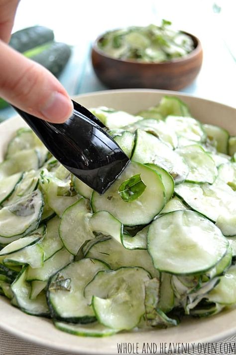 Basil Cucumber Salad, Spicy Sweet Potato Fries, Cilantro Ranch, Garden Cucumbers, Picnic Side Dishes, Potluck Salad, Basil Salad, Ranch Sauce, Creamed Cucumbers