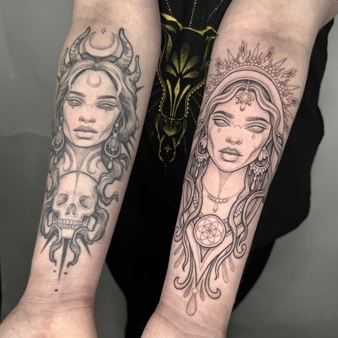 ‘Light and dark’ matching goddess’ for the lovely @cerystattoo 🙏 First one we did nearly 2 years ago! Thank you so much for returning and trust me with your skin once again! @unit__two . . #tattoo #tattoos #tattooideas #goddesstattoo #brightontattoo #mandalatattoo #eyetattoo #suntattoo Nyx Goddess Tattoo, Lil Tattoos, Chris Tattoo, Chaos Tattoo, Brighton Tattoo, Valkyrie Tattoo, Night Tattoo, Torso Tattoos, Greek Mythology Tattoos