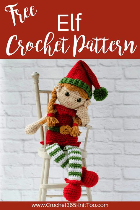 Darling crochet elf pattern is perfect for the holiday. Pose her around your house or crochet the elf for a gift. #crochetelf #crochetelves #crochet365knittoo Elf Amigurumi, Elf Pattern, Crochet Elf, Crocheted Christmas, Crochet Santa, Crochet Xmas, Pola Amigurumi, Elf Doll, Christmas Patterns